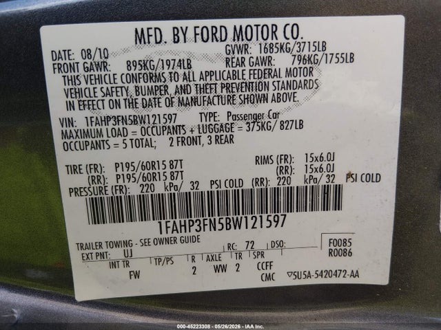 Продаж на аукціоні авто 2011 Ford Focus Se, vin: 1FAHP3FN5BW121597, номер лоту: 45223308