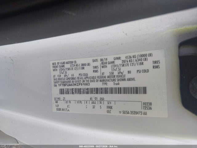 Aukcja sprzedaży 2019 Ford F-250 Xl, vin: 1FTBF2A63KEF91663, numer aukcji: 45223309