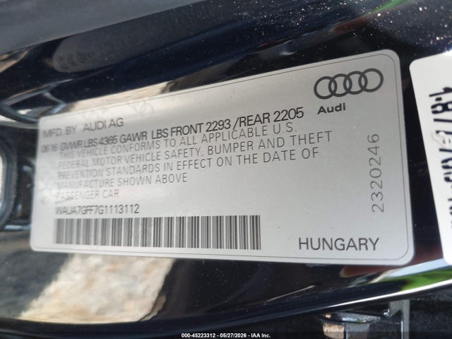 Aukcja sprzedaży 2016 Audi A3 1.8t Premium, vin: WAUA7GFF7G1113112, numer aukcji: 45223312
