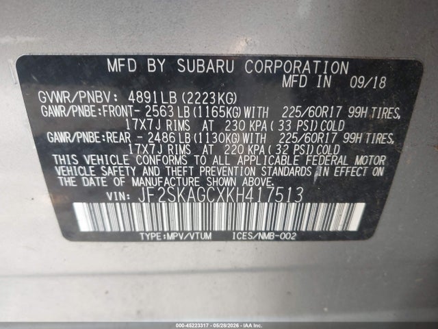 Продаж на аукціоні авто 2019 Subaru Forester Premium, vin: JF2SKAGCXKH417513, номер лоту: 45223317