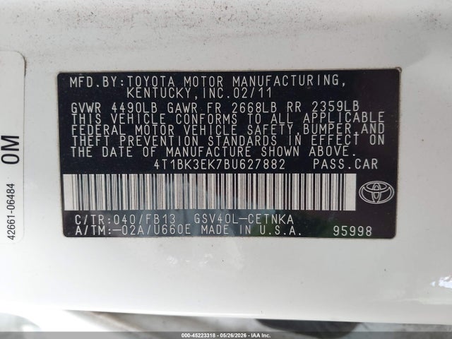 45223318 :رقم المزاد ، 4T1BK3EK7BU627882 vin ، 2011 Toyota Camry Le V6 مزاد بيع