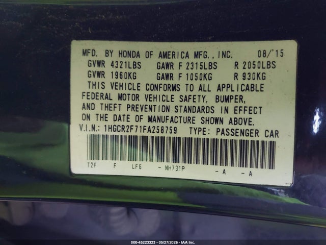 1HGCR2F71FA258759 Honda ACCORD EX