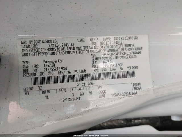 Продаж на аукціоні авто 2015 Ford Focus Se, vin: 1FADP3F2XFL376046, номер лоту: 45223353