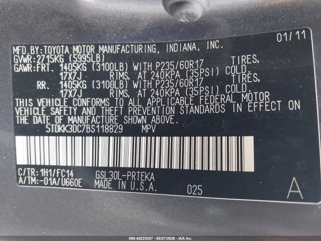 45223357 :رقم المزاد ، 5TDKK3DC7BS118829 vin ، 2011 Toyota Sienna Le V6 مزاد بيع
