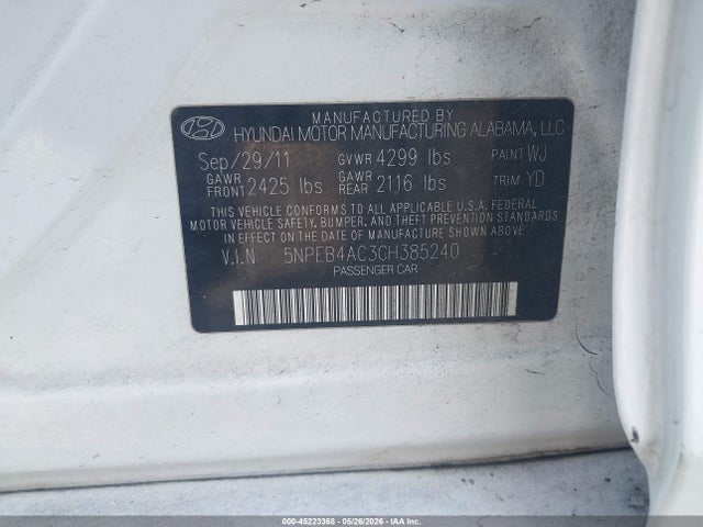 Продаж на аукціоні авто 2012 Hyundai Sonata Gls, vin: 5NPEB4AC3CH385240, номер лоту: 45223368