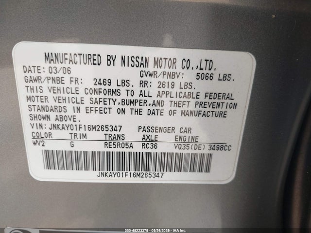 Продаж на аукціоні авто 2006 Infiniti M35x, vin: JNKAY01F16M265347, номер лоту: 45223375