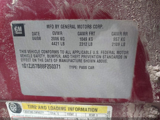 45223377 :رقم المزاد ، 1G1ZJ57B88F250371 vin ، 2008 Chevrolet Malibu Lt مزاد بيع