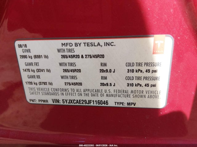 Auction sale of the 2018 Tesla Model X, vin: 5YJXCAE29JF116046, lot number: 45223393