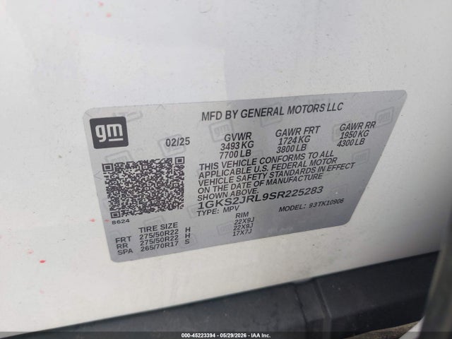 2025 Gmc Yukon Xl 4wd Denali მანქანა იყიდება აუქციონზე, vin: 1GKS2JRL9SR225283, აუქციონის ნომერი: 45223394