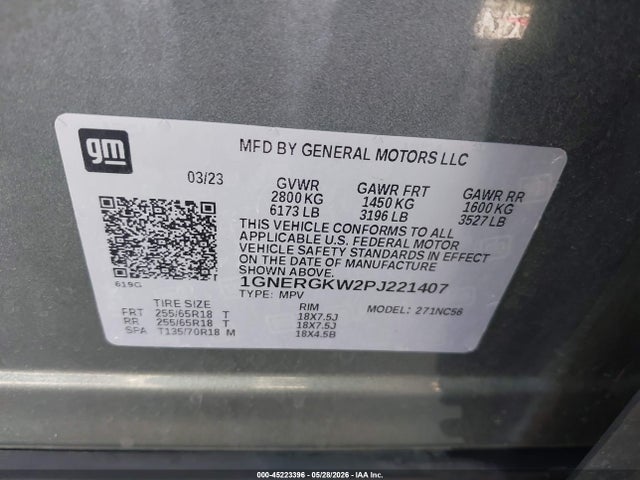 45223396 :رقم المزاد ، 1GNERGKW2PJ221407 vin ، 2023 Chevrolet Traverse Fwd Lt Cloth مزاد بيع