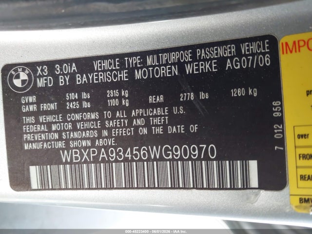 2006 Bmw X3 3.0i მანქანა იყიდება აუქციონზე, vin: WBXPA93456WG90970, აუქციონის ნომერი: 45223400
