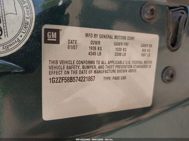 Aukcja sprzedaży 2007 Pontiac G6 Value Leader, vin: 1G2ZF58B574221867, numer aukcji: 45223403