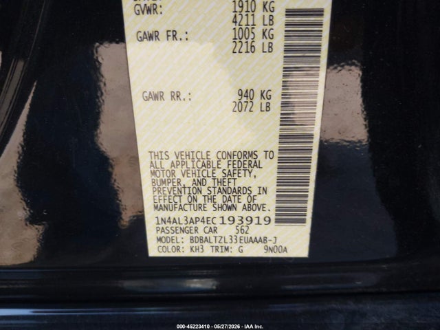 2014 Nissan Altima 2.5 Sv მანქანა იყიდება აუქციონზე, vin: 1N4AL3AP4EC193919, აუქციონის ნომერი: 45223410