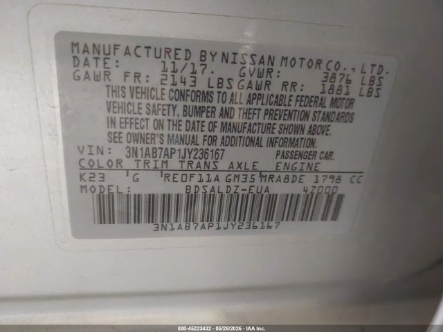 Aukcja sprzedaży 2018 Nissan Sentra Sv, vin: 3N1AB7AP1JY236167, numer aukcji: 45223432
