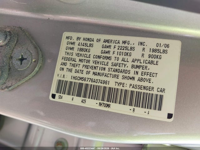 2006 Honda Accord 2.4 Ex მანქანა იყიდება აუქციონზე, vin: 1HGCM56776A074961, აუქციონის ნომერი: 45223447