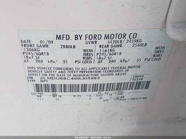 Продаж на аукціоні авто 2009 Lincoln Mkx, vin: 2LMDU68C49BJ05983, номер лоту: 45223467