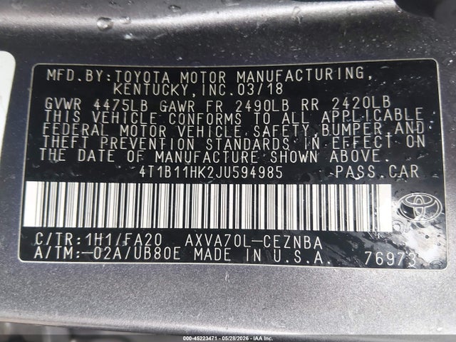 Продажа на аукционе авто 2018 Toyota Camry Le, vin: 4T1B11HK2JU594985, номер лота: 45223471