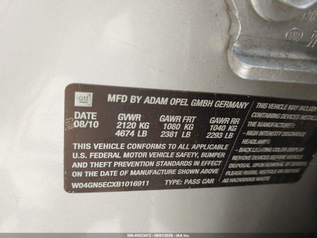 Aukcja sprzedaży 2011 Buick Regal Cxl Russelsheim, vin: W04GN5ECXB1016911, numer aukcji: 45223472
