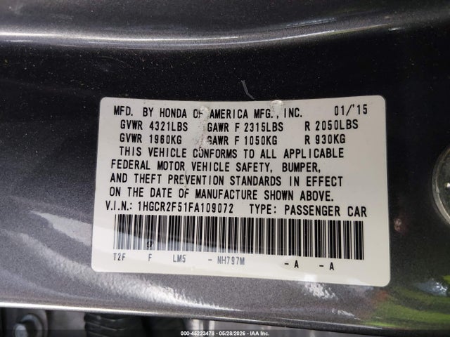 Honda Accord Sport 2015 1HGCR2F51FA109072 Image 9