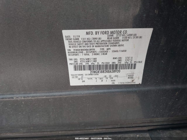 Aukcja sprzedaży 2019 Ford Flex Se, vin: 2FMGK5B82KBA38920, numer aukcji: 45223481