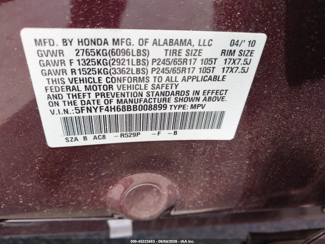Продажа на аукционе авто 2011 Honda Pilot Ex-l, vin: 5FNYF4H68BB008899, номер лота: 45223483