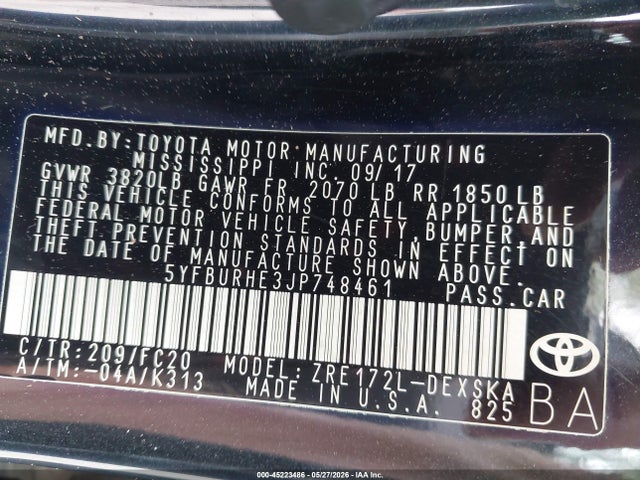 2018 Toyota Corolla Se მანქანა იყიდება აუქციონზე, vin: 5YFBURHE3JP748461, აუქციონის ნომერი: 45223486