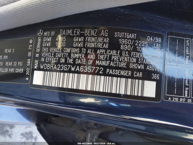 45223488 :رقم المزاد ، WDBHA23G7WA635772 vin ، 1998 Mercedes-benz C 230 مزاد بيع