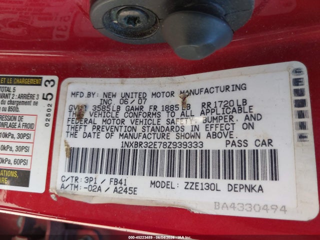 Aukcja sprzedaży 2008 Toyota Corolla Le, vin: 1NXBR32E78Z939333, numer aukcji: 45223489
