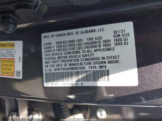 Honda Pilot Awd Ex 2021 5FNYF6H3XMB057655 Image 9
