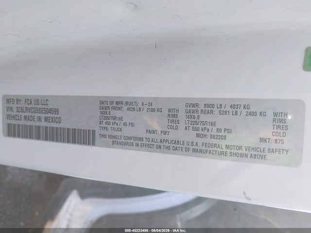 Aukcja sprzedaży 2025 Ram Promaster 2500 Tradesman High Roof 136 Wb W/pass Seat, vin: 3C6LRVCG5SE504599, numer aukcji: 45223498