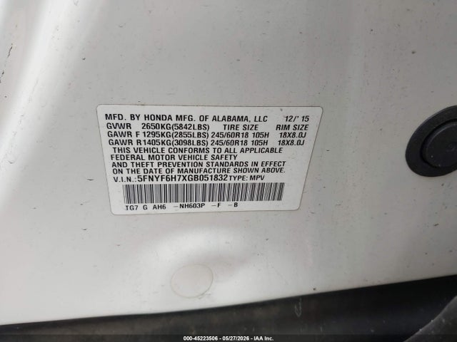 Продаж на аукціоні авто 2016 Honda Pilot Ex-l, vin: 5FNYF6H7XGB051832, номер лоту: 45223506