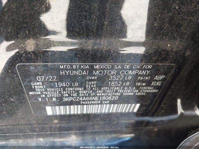 Aukcja sprzedaży 2022 Hyundai Accent Se, vin: 3KPC24A66NE18620, numer aukcji: 45223511