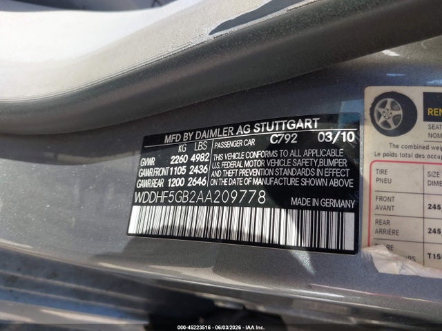 Aukcja sprzedaży 2010 Mercedes-benz E 350, vin: WDDHF5GB2AA209778, numer aukcji: 45223516