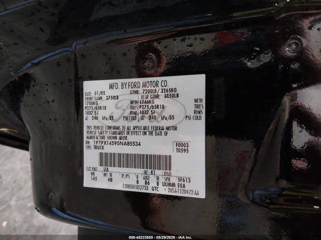 45223555 :رقم المزاد ، 1FTPX14595NA85534 vin ، 2005 Ford F-150 Fx4/lariat/xl/xlt مزاد بيع