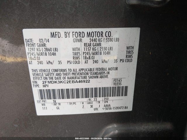 Продажа на аукционе авто 2014 Ford Edge Limited, vin: 2FMDK3KC2EBA46922, номер лота: 45223560