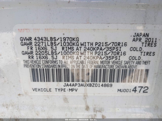 Aukcja sprzedaży 2011 Mitsubishi Outlander Sport Es, vin: JA4AP3AUXBZ014869, numer aukcji: 45223563
