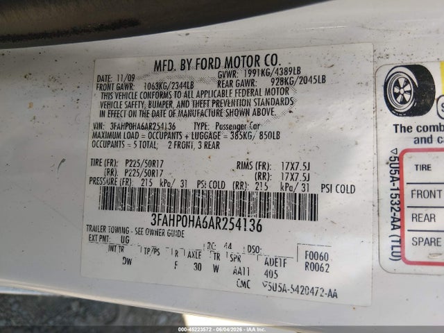 Продажа на аукционе авто 2010 Ford Fusion Se, vin: 3FAHP0HA6AR254136, номер лота: 45223572