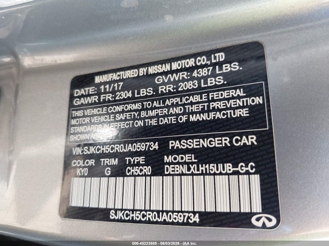 2018 Infiniti Qx30 Luxury მანქანა იყიდება აუქციონზე, vin: SJKCH5CR0JA059734, აუქციონის ნომერი: 45223589