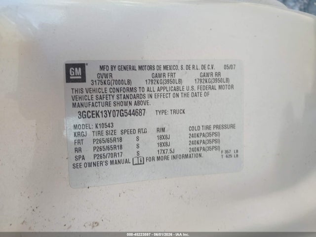 Продажа на аукционе авто 2007 Chevrolet Silverado 1500 Lt1, vin: 3GCEK13Y07G544687, номер лота: 45223597