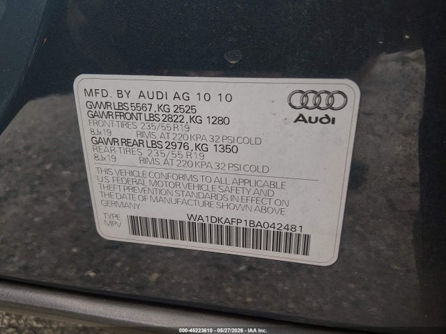 Aukcja sprzedaży 2011 Audi Q5 3.2 Premium Plus, vin: WA1DKAFP1BA042481, numer aukcji: 45223610