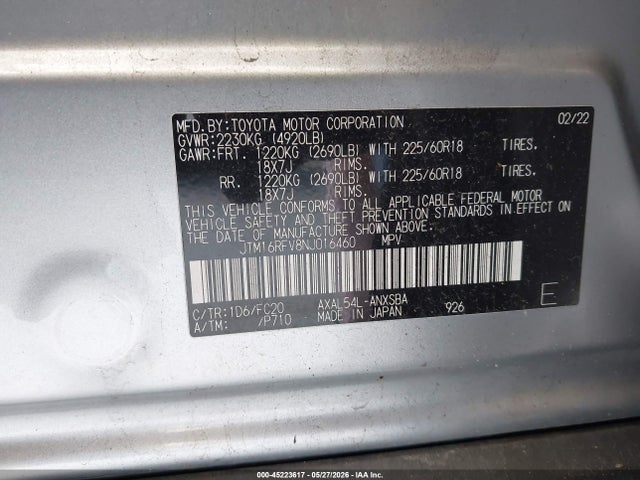 45223617 :رقم المزاد ، JTM16RFV8NJ016460 vin ، 2022 Toyota Rav4 Hybrid Se مزاد بيع