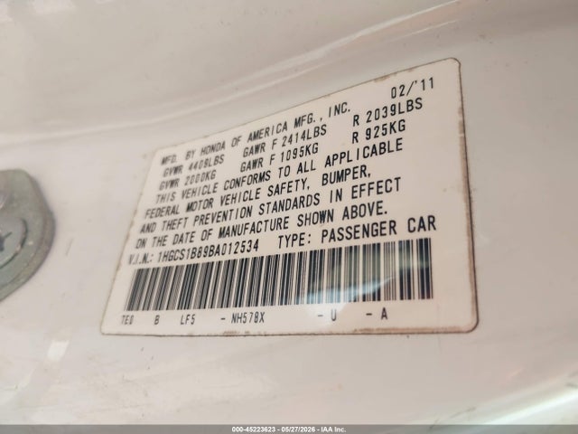 45223623 :رقم المزاد ، 1HGCS1B89BA012534 vin ، 2011 Honda Accord 2.4 Ex-l مزاد بيع