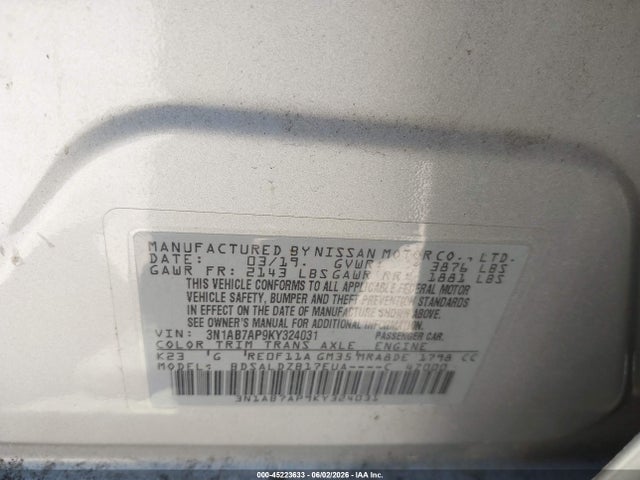 Aukcja sprzedaży 2019 Nissan Sentra Sv, vin: 3N1AB7AP9KY324031, numer aukcji: 45223633
