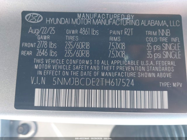 Продажа на аукционе авто 2026 Hyundai Tucson Sel, vin: 5NMJBCDE2TH617524, номер лота: 45223645