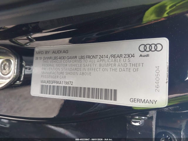 45223647 :رقم المزاد ، WAUKEGFF6KA119972 vin ، 2019 Audi A3 45 Premium مزاد بيع