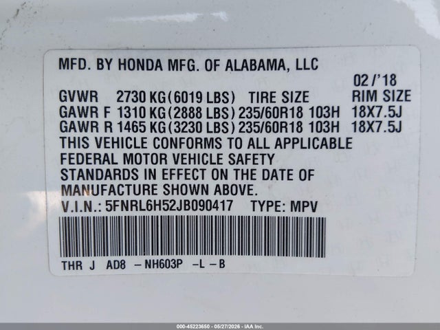 2018 Honda Odyssey Ex მანქანა იყიდება აუქციონზე, vin: 5FNRL6H52JB090417, აუქციონის ნომერი: 45223650