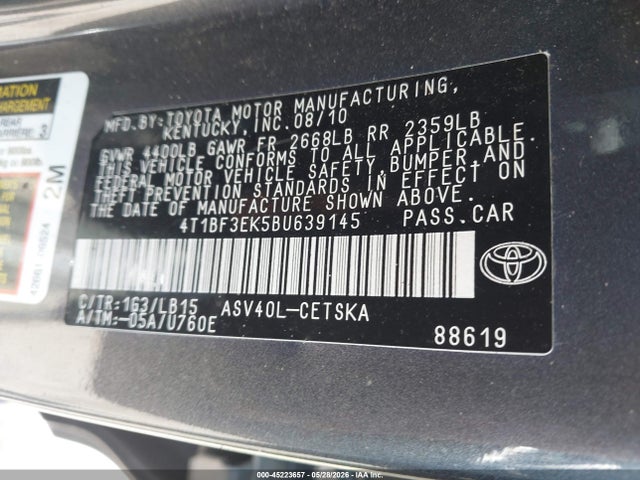 2011 Toyota Camry Se მანქანა იყიდება აუქციონზე, vin: 4T1BF3EK5BU639145, აუქციონის ნომერი: 45223657