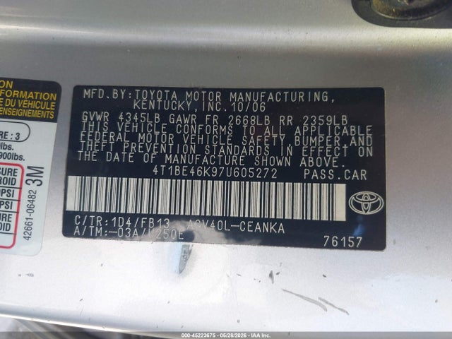 Aukcja sprzedaży 2007 Toyota Camry Ce, vin: 4T1BE46K97U605272, numer aukcji: 45223675
