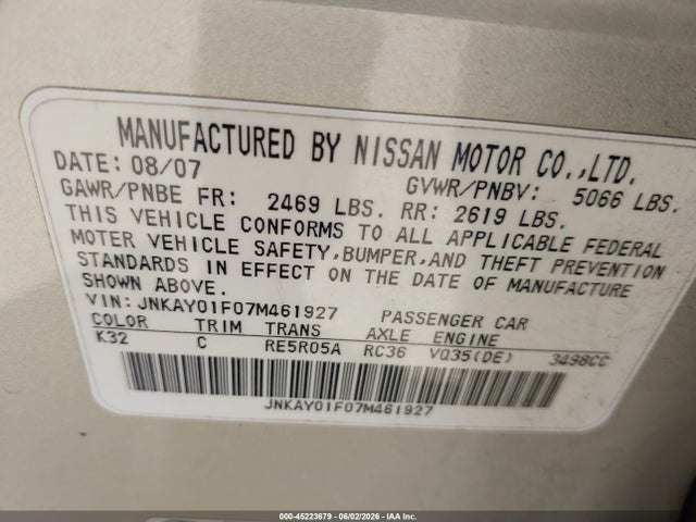 Aukcja sprzedaży 2007 Infiniti M35x, vin: JNKAY01F07M461927, numer aukcji: 45223679