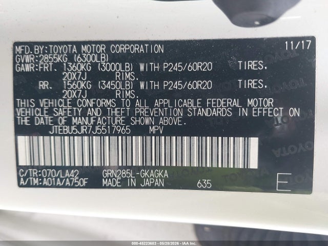 Aukcja sprzedaży 2018 Toyota 4runner Limited, vin: JTEBU5JR7J5517965, numer aukcji: 45223683